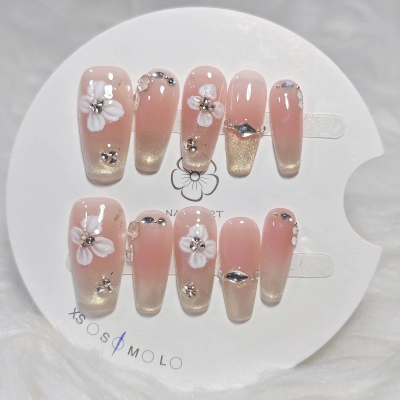 

10 шт., ручная работа, рельефные накладные ногти с цветами, французские трапециевидные накладки для ногтей «кошачий глаз», съемный пресс на ногтях для женщин