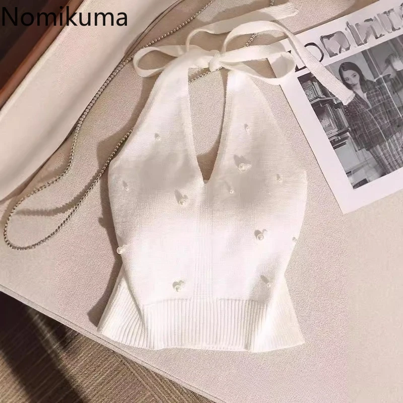 

Knitted Vest Fashion Korean Sexy Tanks Bandage Backless Tees Beading Sleeveless Camis Summer Sweet Crop Tops 2025 Ropa Mujer