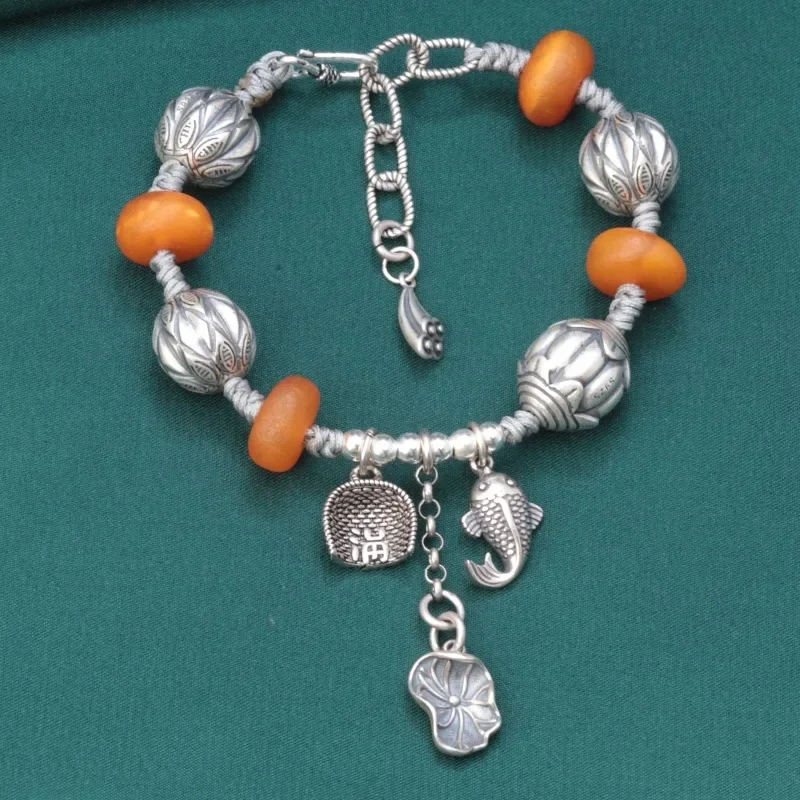 Original Design 925 Sterling Silver Melon Beads Bracelet Women Vintage Ethnic Style Beewax Amber Charms Bracelets Handmade SL107