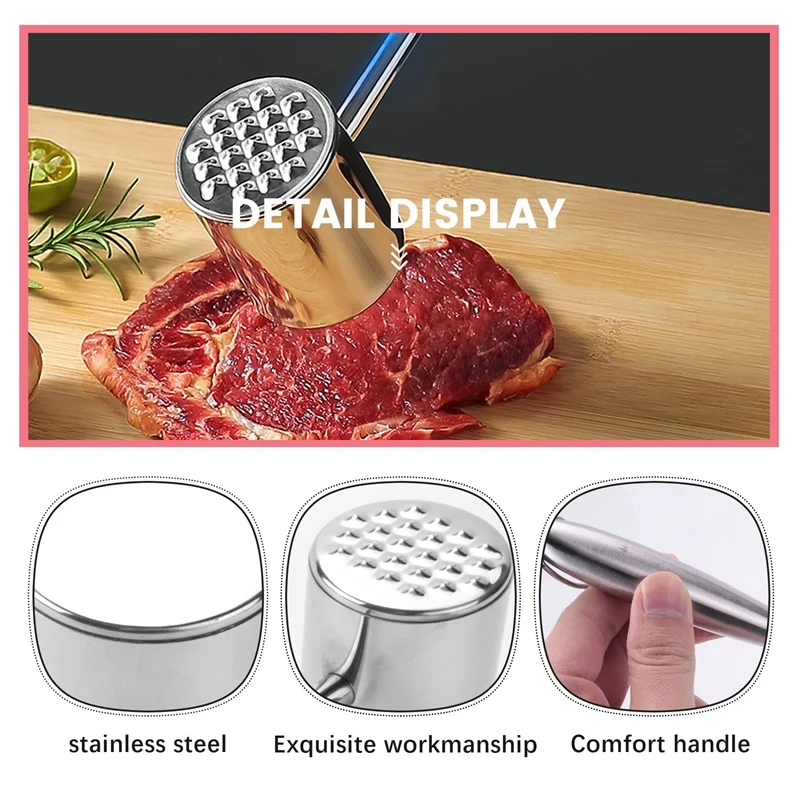 Double-Sided Meat Tenderizer Hammer With Non-Slip Wooden Handle, Steak Hammer With Silicone Oil Brush