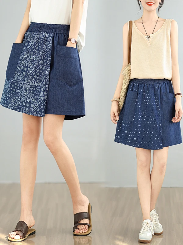 Celana Rok Kasual Pas Longgar Denim Tipis Pinggang Tinggi Pinggang Elastis Denim Kaki Lebar Sle Baru Musim Panas Wanita Ukuran Plus