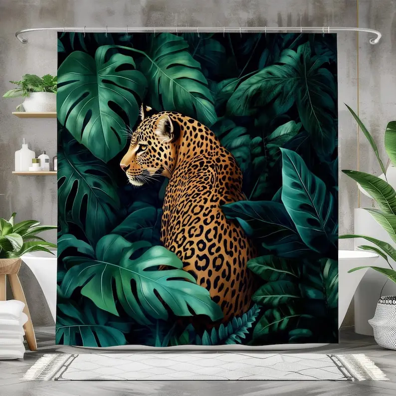 Leopard Jungle Shower Curtain, Waterproof Fabric Bath Curtain, Wild Animal Bathroom Decor Tropical Nature-Inspired Design Exotic