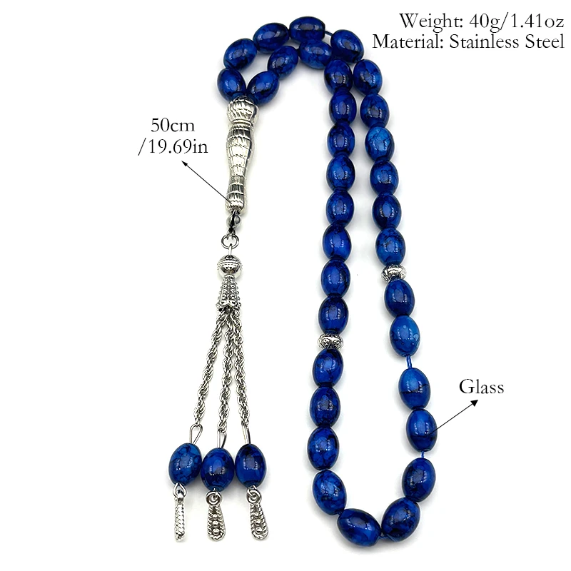 33 قطعة البيضاوي الزجاج الخرز أساور للنساء الرجال مسلم مسبحة العبادة تسبيح اليد سلسلة شرابة قلادة الإسلامية كيرينغ مجوهرات