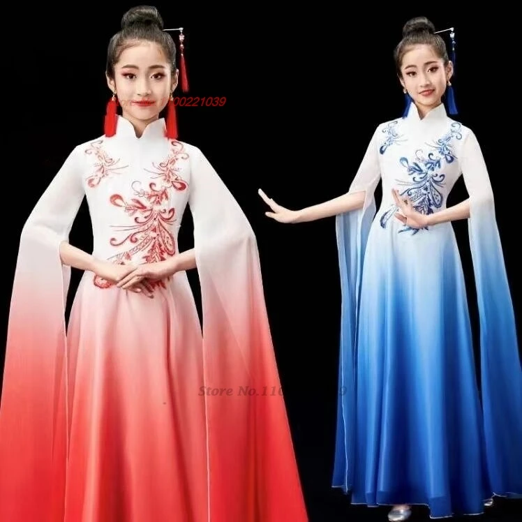 

2024 chinese vintage children dance costume traditional gradient color flower embroidery cheongsam dress stage performance dress