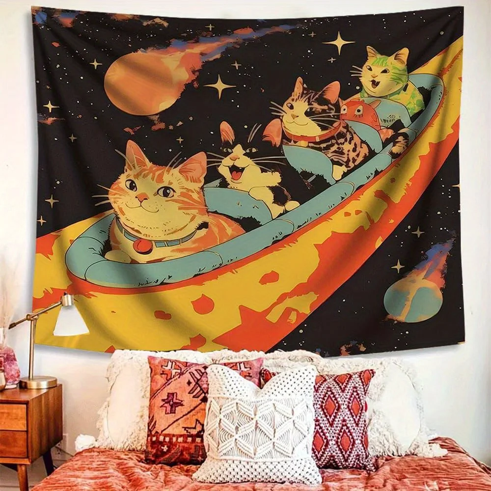 Cute Cats in Spaceship Tapestry Funny Space Travel Wall Hanging Galaxy Starry Sky Tapestry Boho Home Decor for Bedroom Living