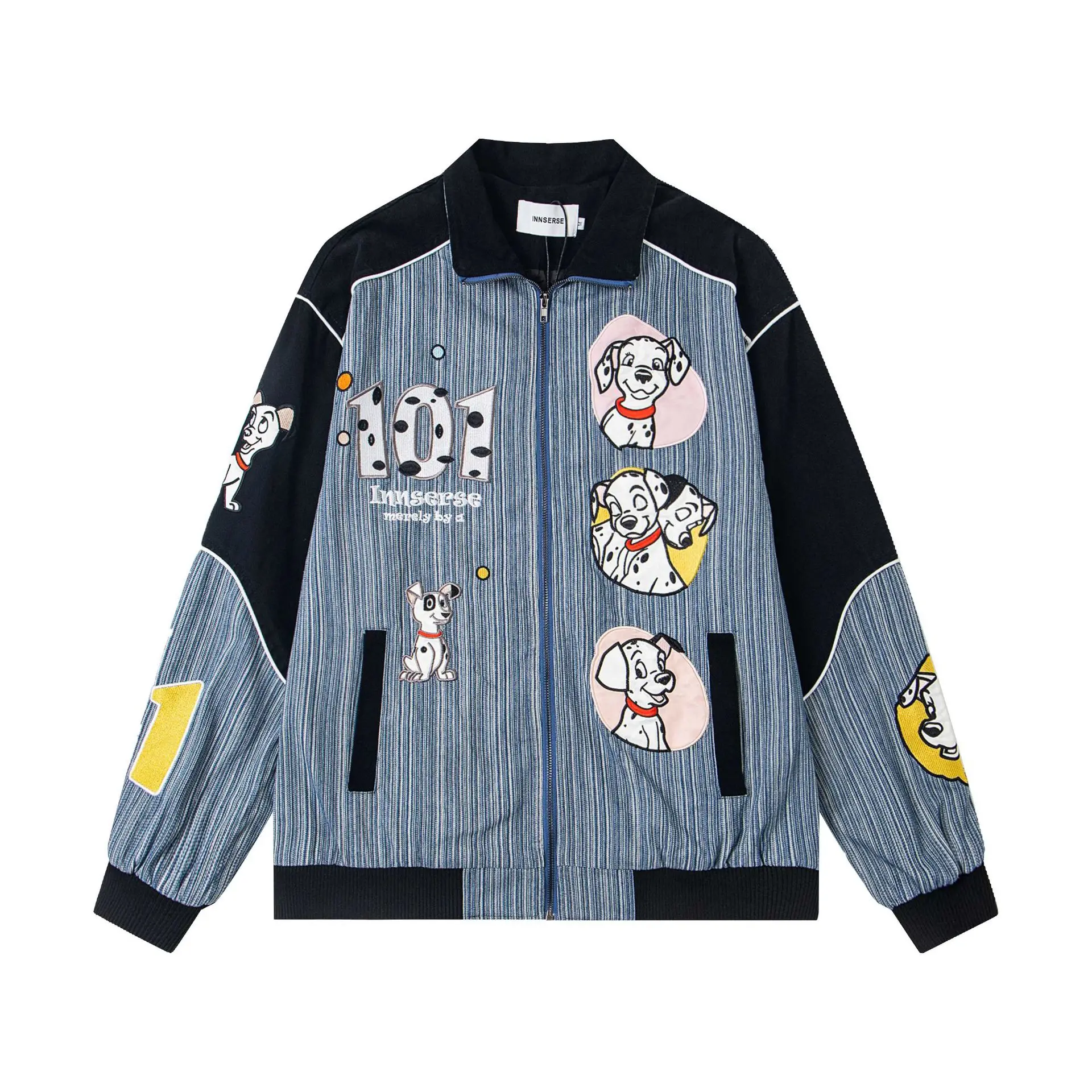 

American Retro Dog Patchwork Striped Denim Jacket Unisex Streetwear Autumn Winter Loose