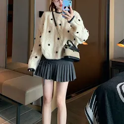 Polka Dot Vintage Sweaters Autumn Winter Round Neck Casual Loose Female Clothing Contrasting Colors Long Sleeve Knitted Jumpers