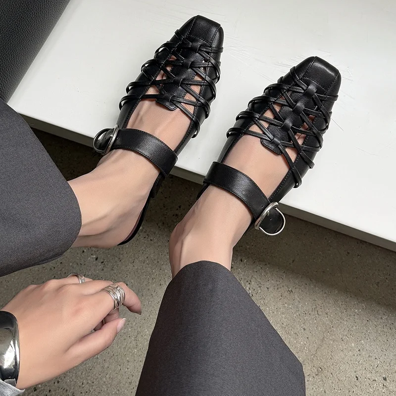 2026 New Summer Women Sandals Natural Leather Plus Size 34-41 Cowhide Sheepskin Square Toe Weave Mules Buckle Women Slippers