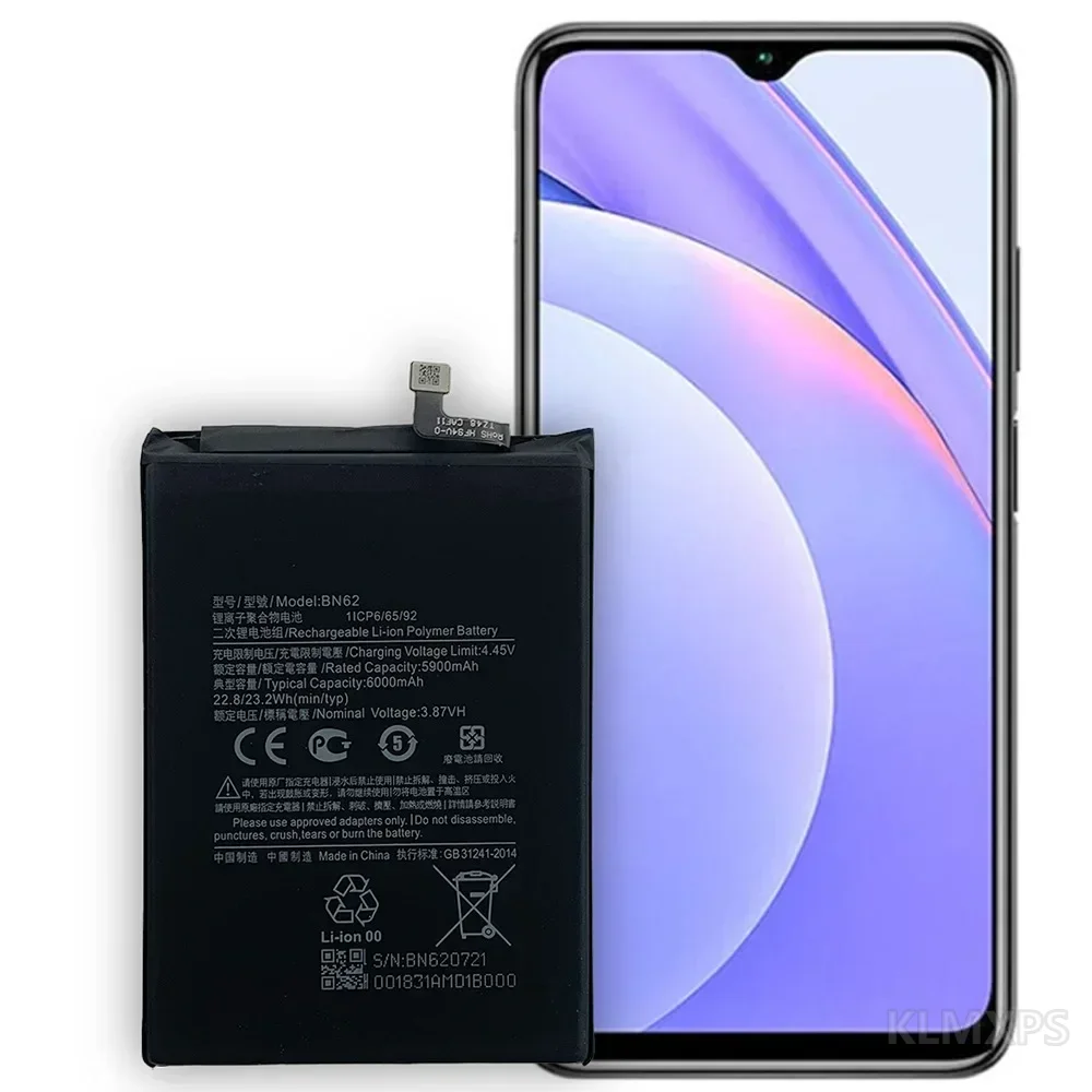 Phone Replacement Battery BN62 6000mAh For Xiaomi Redmi Note 9 4G, Poco M3, Redmi 9T and Redmi 9 Power Mobile Repair Battery