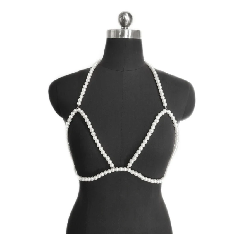 Womens Pearl Beaded Body Jewelry Halterneck Bras Sexy Backless Chest Chain Bralettes Festivals Camisole Crop Top