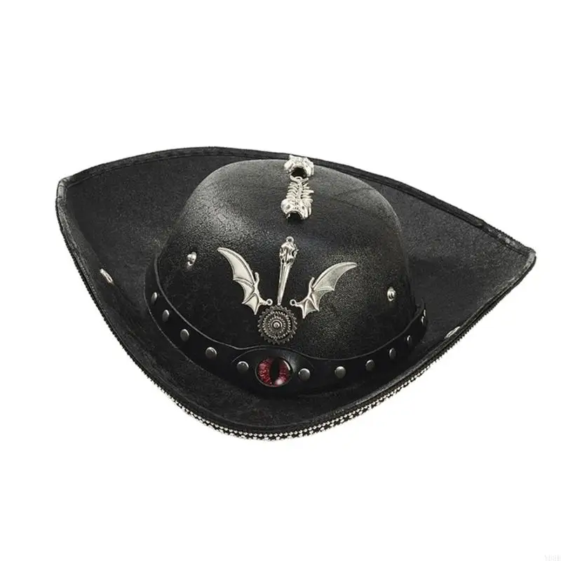 Devil Eye Schwarzer Piratenhut mit Metallverzierungen, perfekt für Halloween-Rollenspiele und Themenveranstaltungen Y08E – Detail 4
