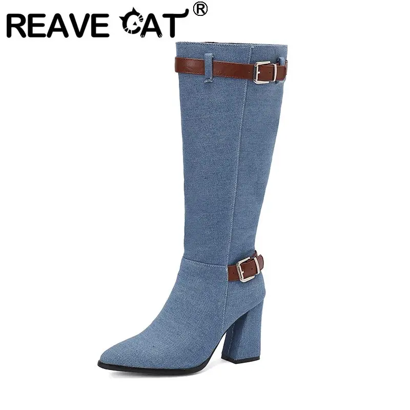 

REAVE CAT Women Knee High Boots Pointed Toe Block Heels 8.5cm 49 50 Leisure Fahion Long Bota
