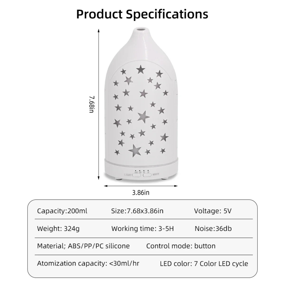 Diffusore Star Hollow 7 colori rilassanti, silenzioso, spegnimento automatico per casa e ufficio