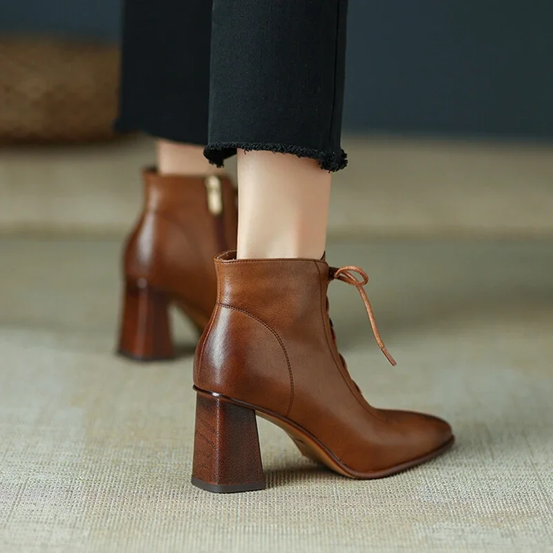 NEW Fall Shoes Women Pointed Toe Chunky Heel Shoes Women Retro Split Leather Modern Boots Concise Ankle Boots Women Brown Shoes