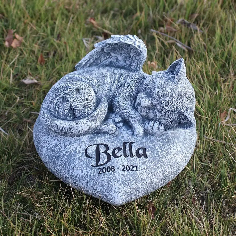 Angel Cat Memorial Garden Statue Stones Grave Markers with a Cat Sleeps on The Heart-Shaped Stone - Cat Garden Stones Cat Statue