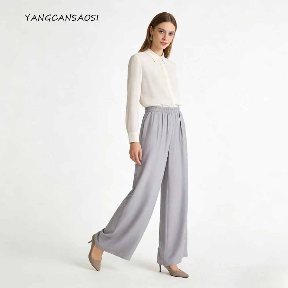 

Женская весенняя модная одежда, серые универсальные темпераментные брюки из натурального шелка шелковицы с эластичной резинкой на талии, повседневные прямые брюки