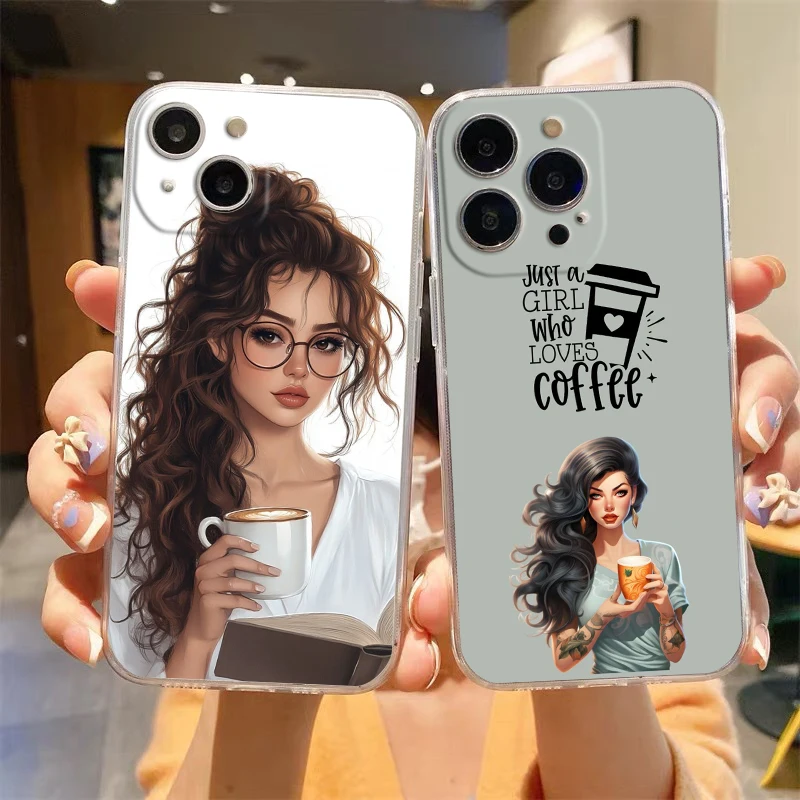 حافظة لهاتف آيفون 16E 15 16 14 13 12 11 Pro Max XS Max 7 8 16 Plus SE2 غطاء شفاف من البولي يوريثان الناعم فتاة بوس أنثى القهوة