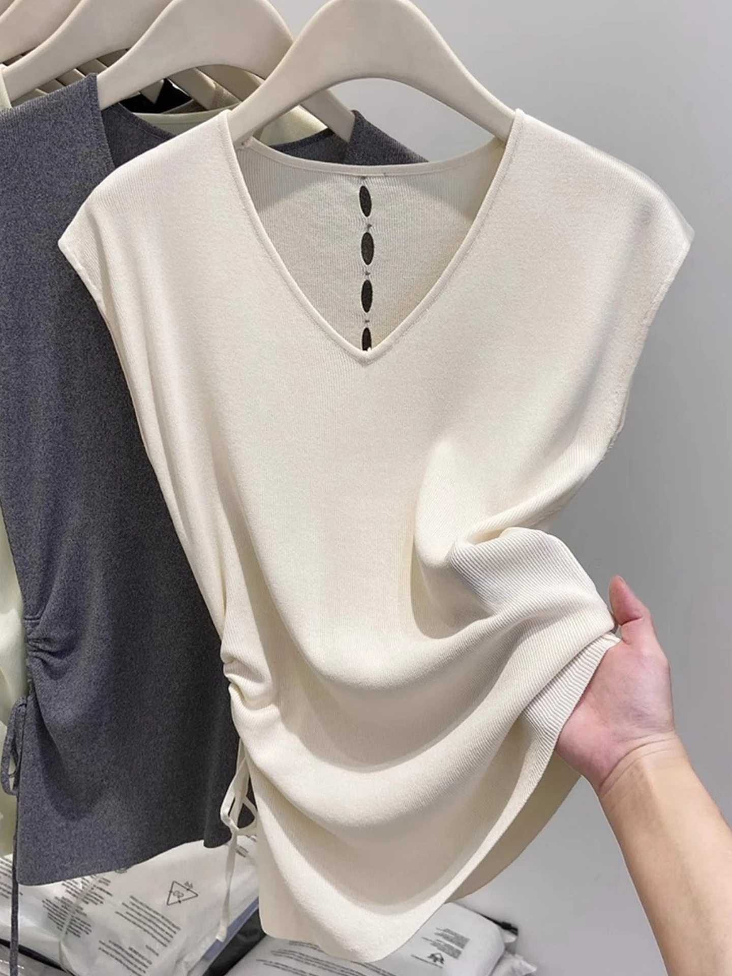 

Ele ort Sve Knitwear Dstring Design Commute Sle Slim Fit Head over Foot Faionable Summer Light Luxury Top