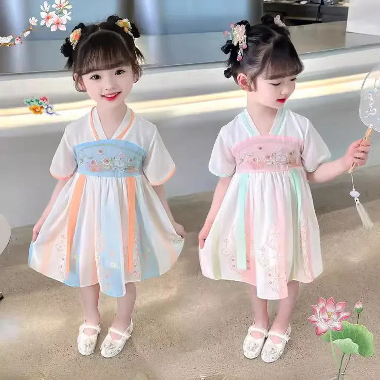 Fashion Ancient Summer Dress Hanfu Girl Chinese Casual Children Clothing Girls Fairy Princess Dresses Kids Streetwear Baby Tang