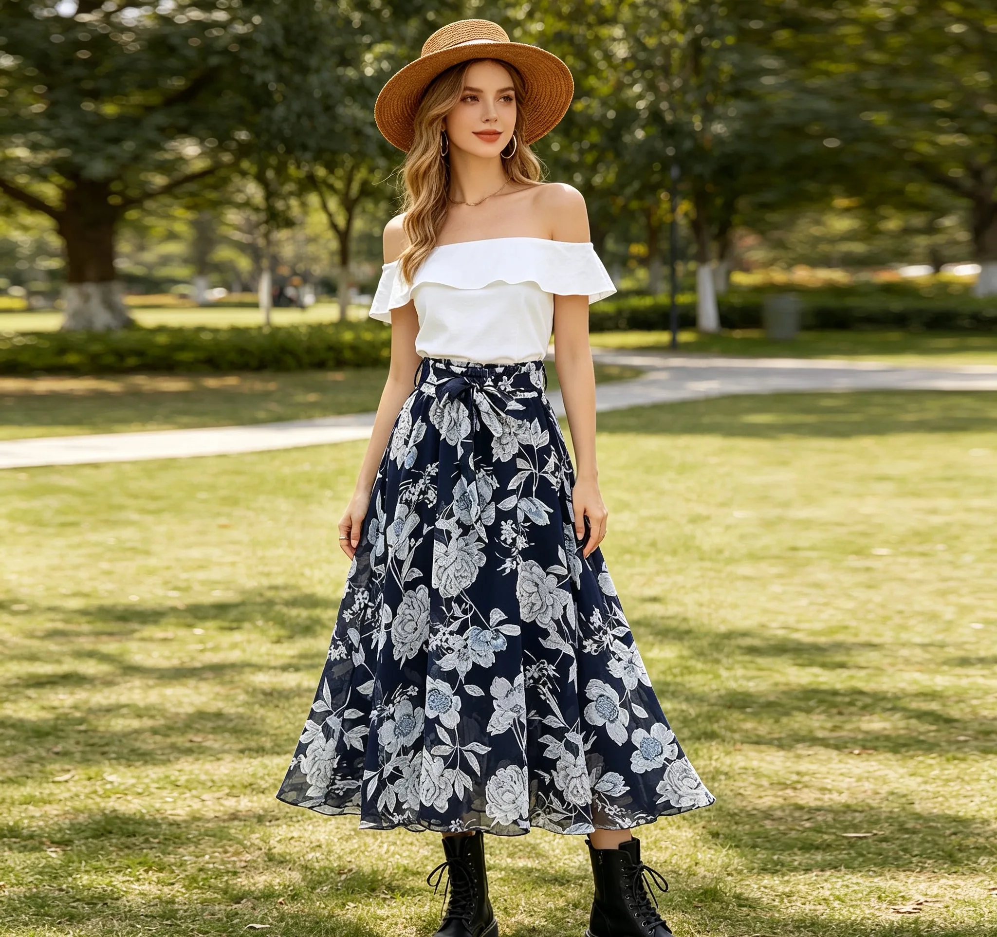 Summer Print Floral Skirts For Women Casual Loose Elastic Waist Plus Size Skirt Belt A-line Chiffon Beach Saias Midi Femme