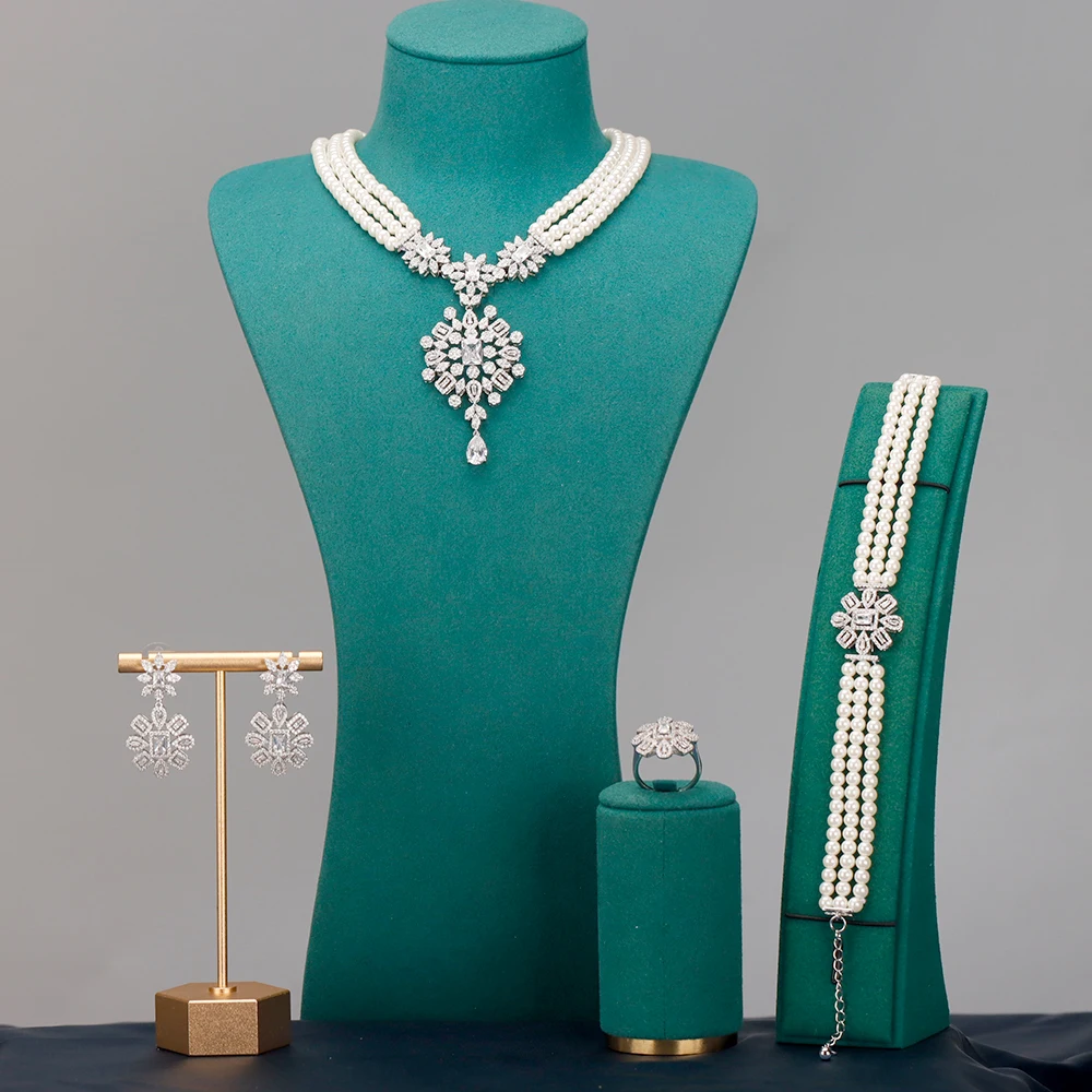 

Gorgeous 3 Layered Imitation Pearl Choker with Planet Pendant Necklaces Bracelet Zircon 4PCS Jewelry Set for Women Wedding