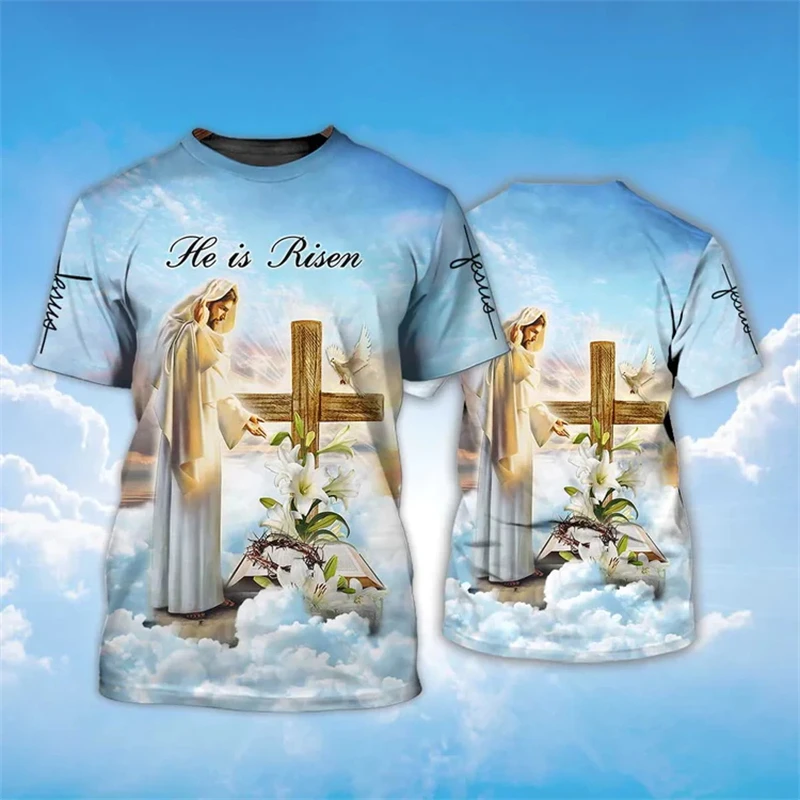 Christ T-shirt 3D Printed Jesus Cross Graphic T-shirt Men's Fashion Crew Neck Short Sleeve Tops Summer Harajuku Casual Kids Top