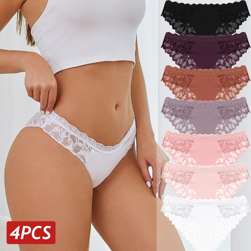 4PCS/Set Sexy Floral Lace Panties Women\'s Breathable Briefs Perspective Low Rise Sexy Lingerie Female Soft Solid Color Underwear