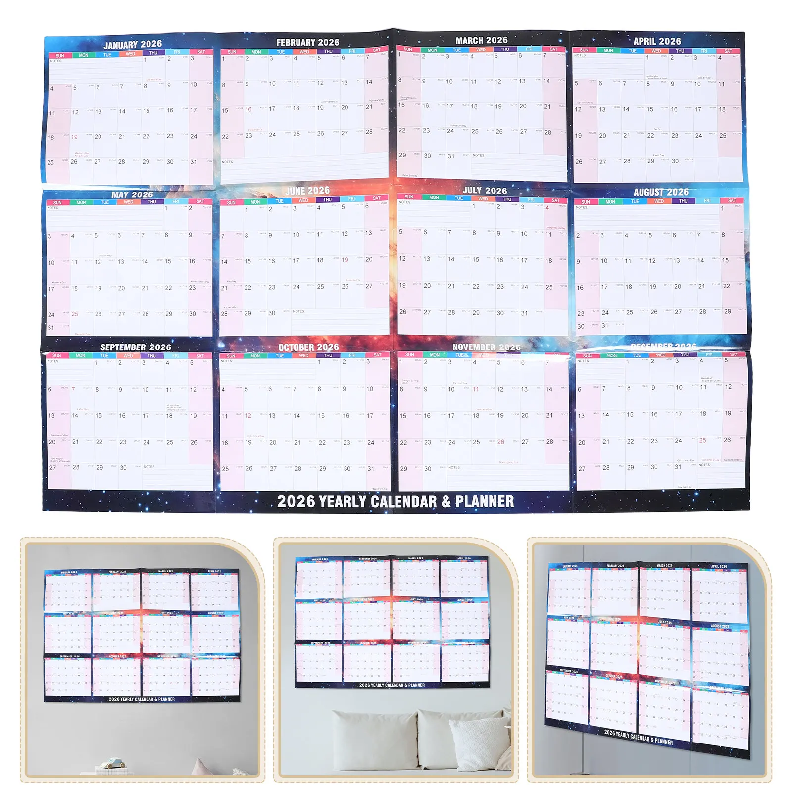 

1Set Double-Sided Large Wall Calendar 2026 Erasable Dry Erase Hanging Planner Home Office Monthly Year Calendar