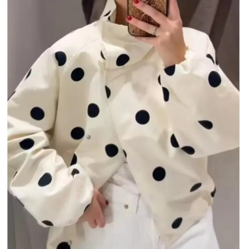 

Women's Polka Dot Jackets 2026 New Stand Neck Long Sleeve Pockets Outerwear Casual Fashion Female Loose Printed Tops