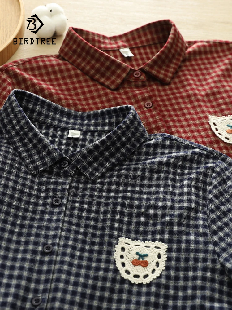 

New 2026 Spring Women Cotton Yarn Long Sleeve Shirt, Lapel Plaid Lace Pocket, Mori Girl Fashion Commute Loose Blouse T63724CC