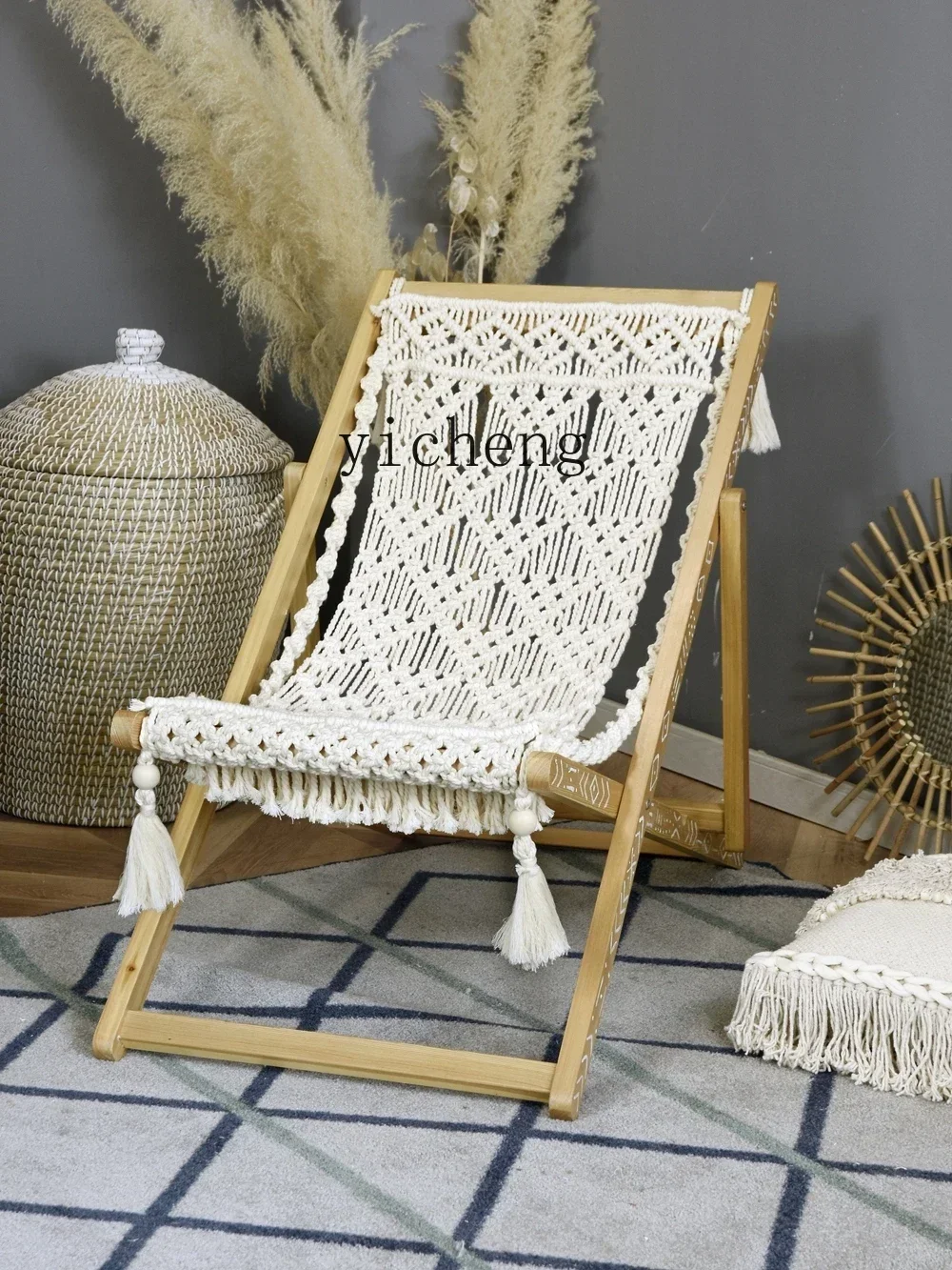 Hand-woven Recliner Moroccan National Style Folding Chair Solid Wood Indoor Adult Leisure Chairl16