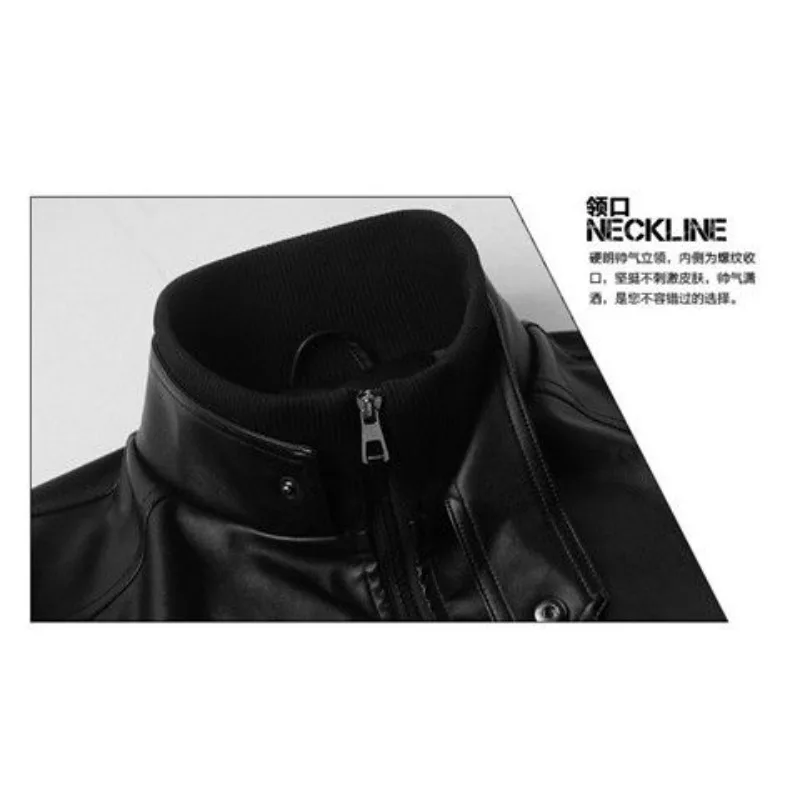 Luxury Spring Autumn Leather Jacket Men Zip Stand Up Collar Pocket Biker Jacket Slim PU Leather Coat Windproof Outerwear Black
