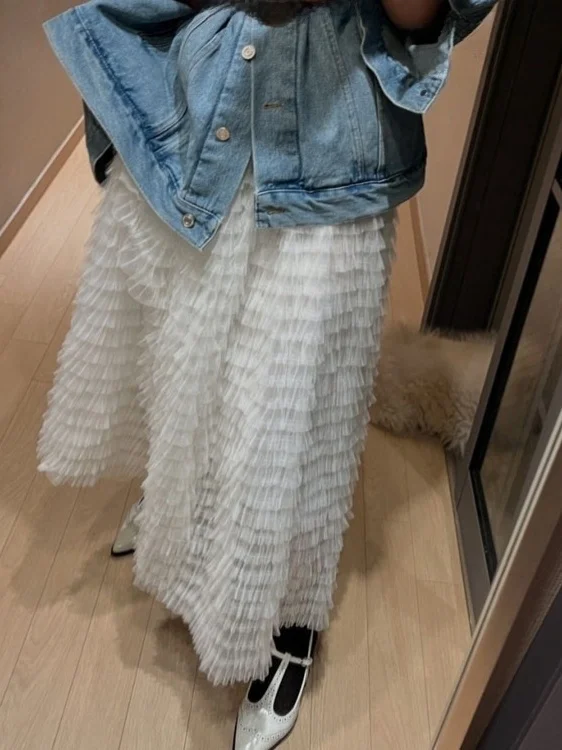 Chic High Waist Layered Tulle Skirt Women's Heavy Embellished Feather Cake Skirt Elastic Waist Polyester Fabric Summer 2026