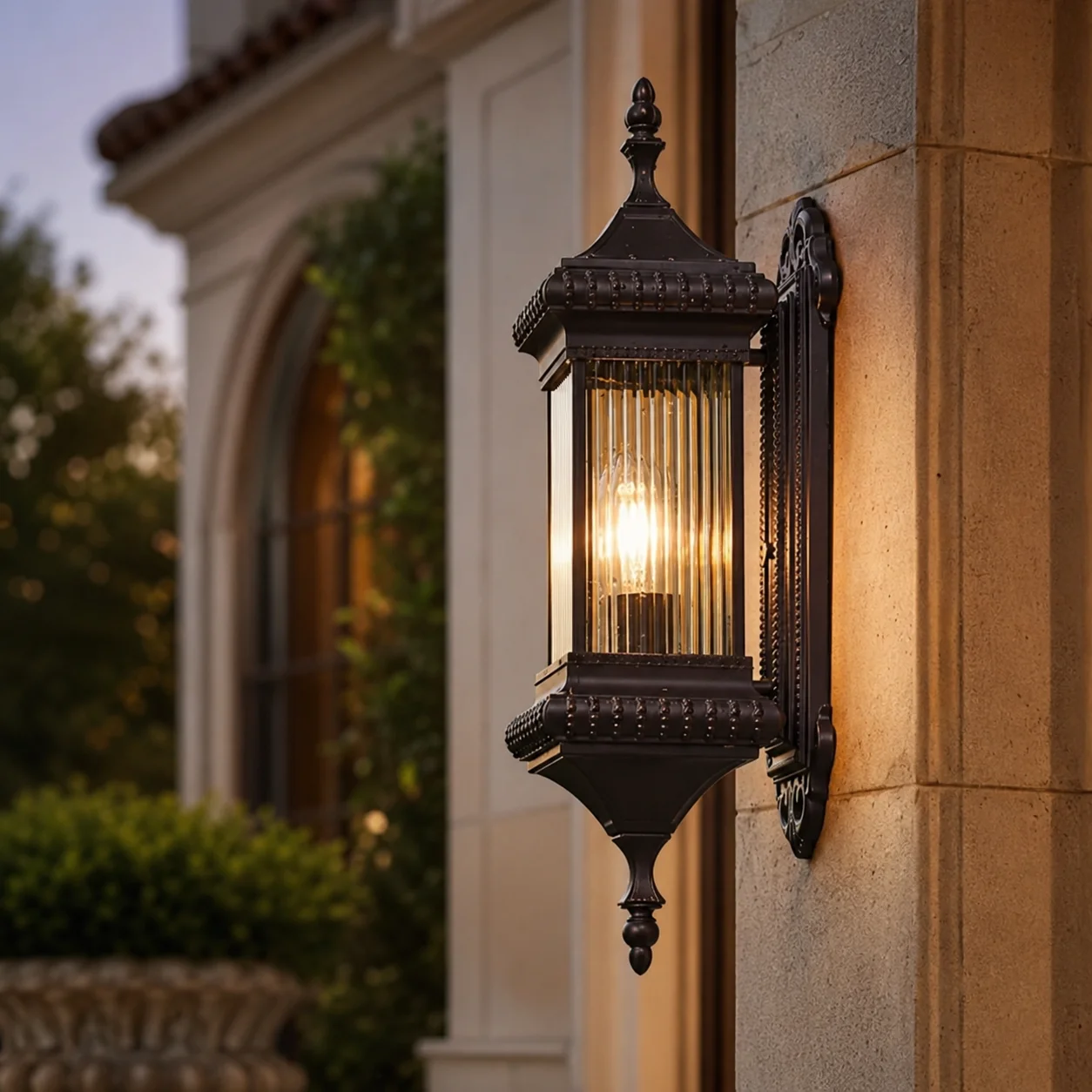 Vintage Lantern Outdoor Wall Light, Black Metal Ribbed Glass Porch Sconce E27 for Garden Patio Villa Entrance