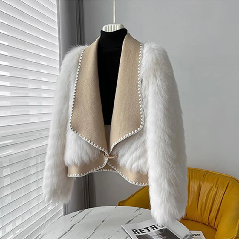 MEXZT Elegant Faux Fur Coat Women Fashion Cropped Patchwork Fluffy Jacket Winter Korean Long Sleeve Furry Short Outerwears New