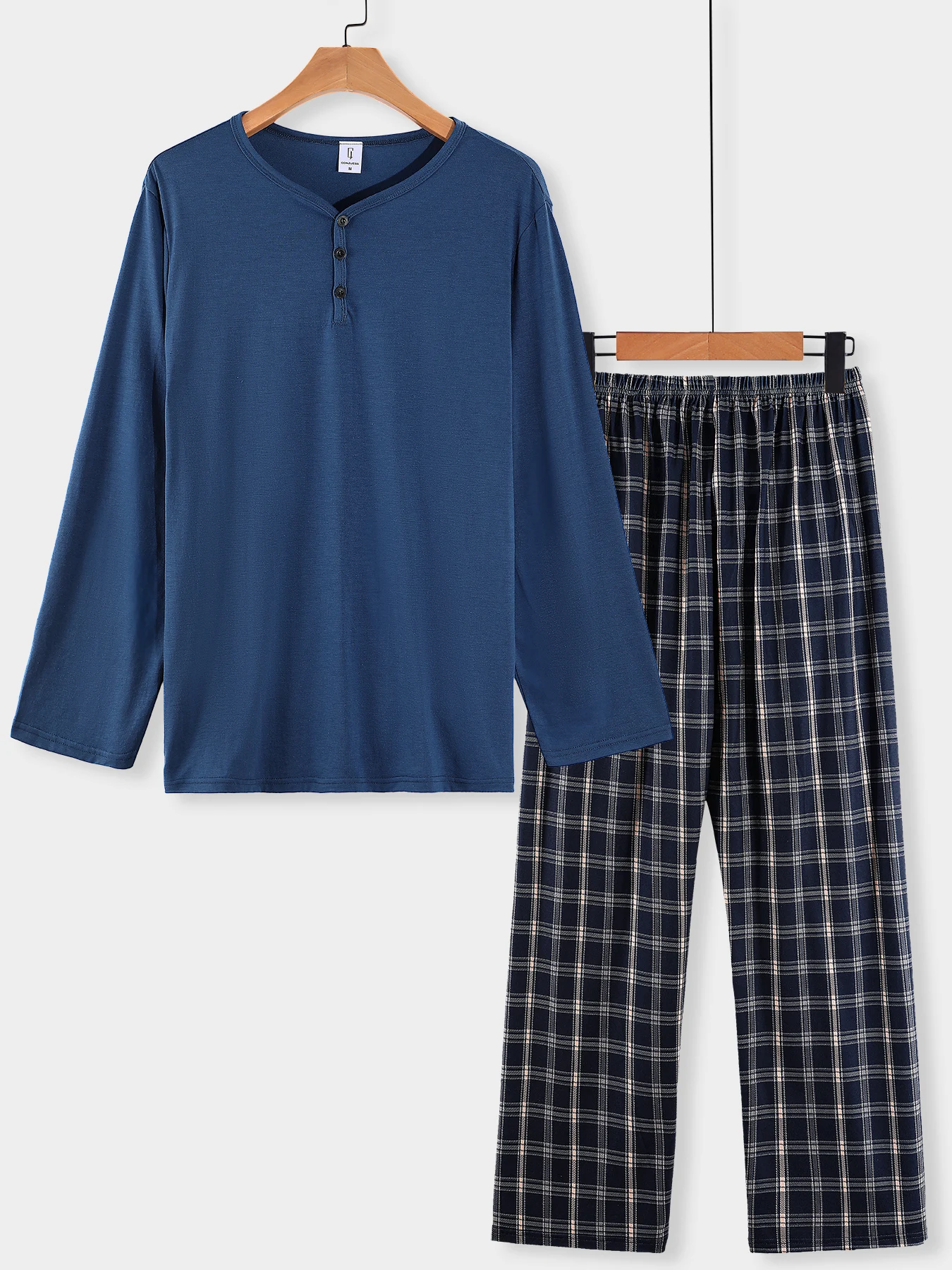 

Navy Solid Color Henley Shirt & Plaid Trousers, Spring & Autumn Loose Breathable Men's Sleepwear