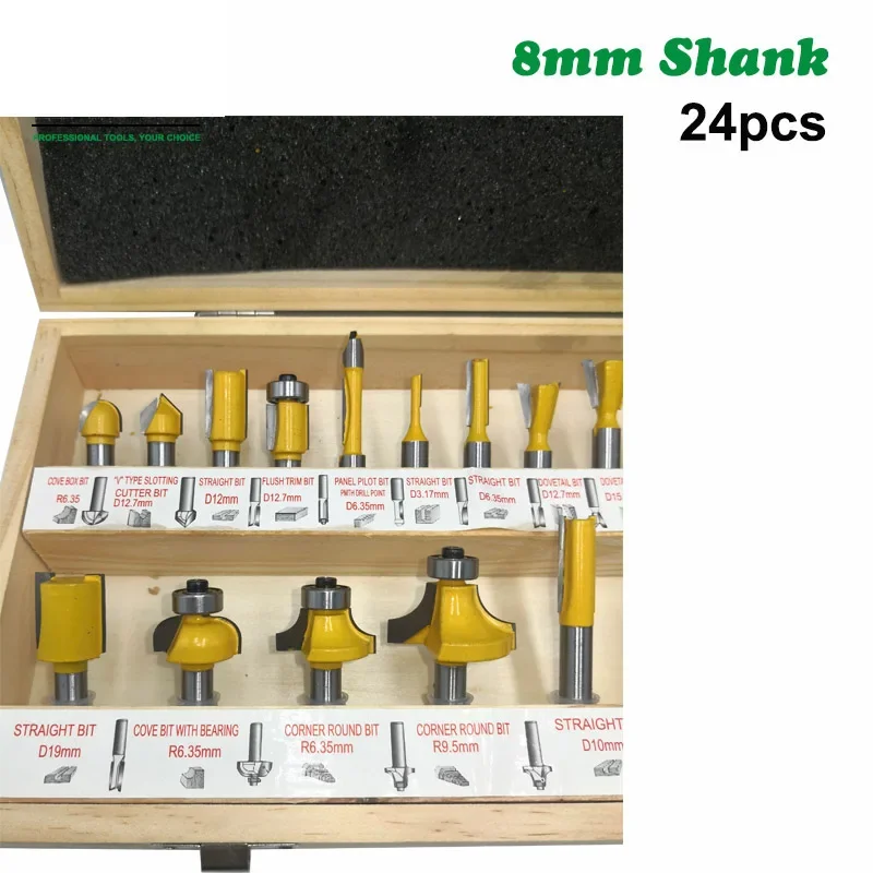 24PC/Set 8MM Shank Milling Cutter Wood Carving Woodworking Router Bits Set Wood Flush Straight Chamfer Trimming Engraving Tool