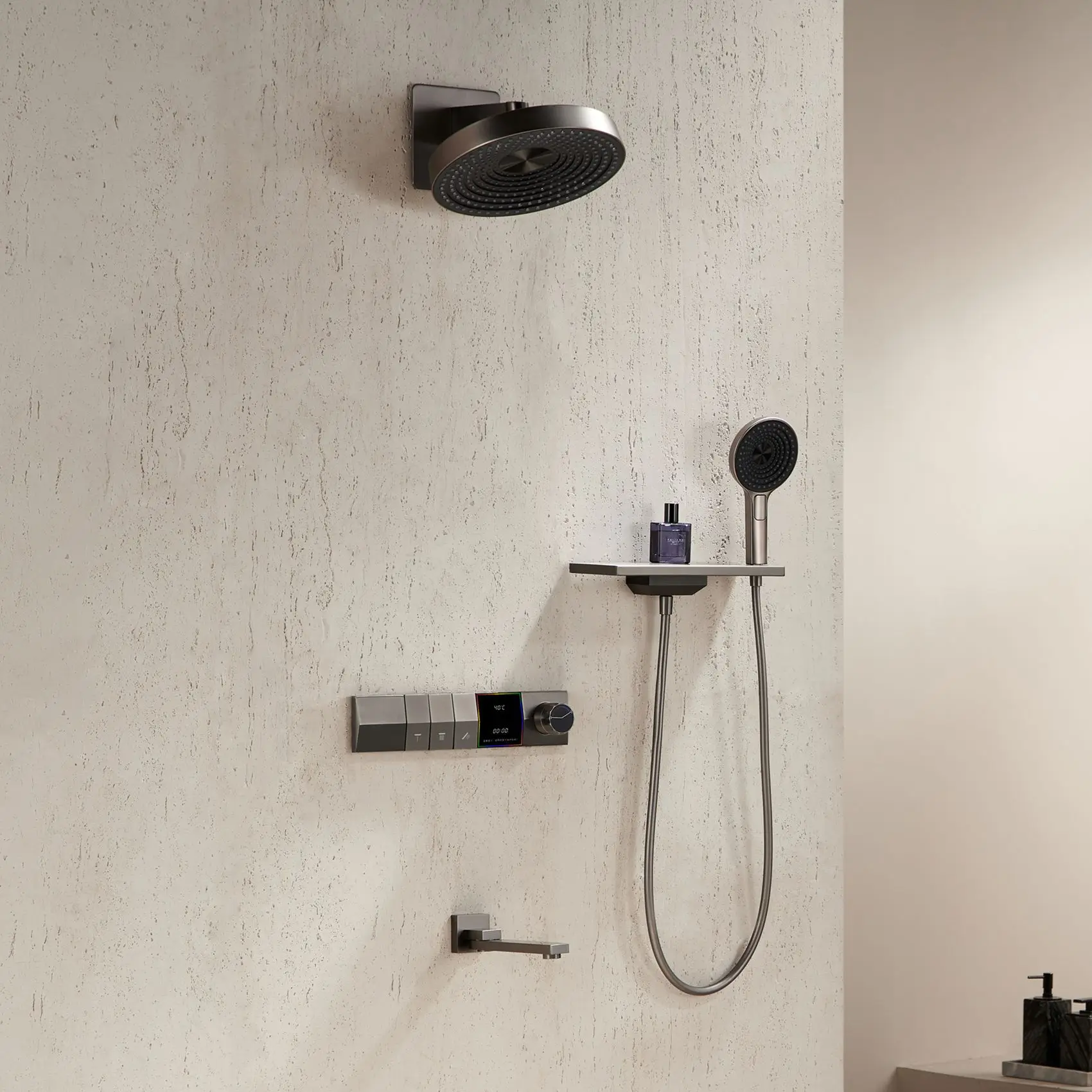 Brass Concealed Shower Head Set Hydroelectric Intelligent Constant Temperature In-Wall Hidden Shower Gun Gray Brushed Soft Rain