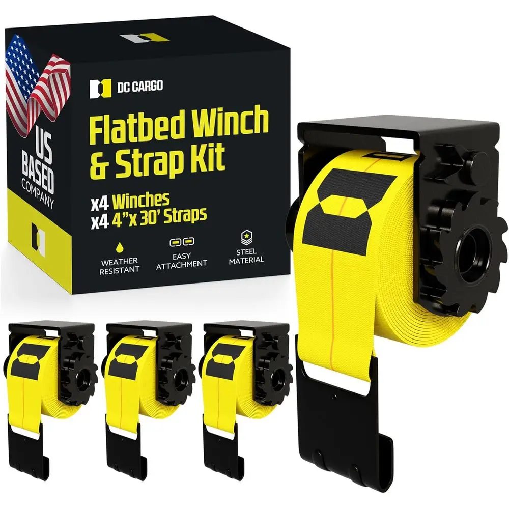 Heavy-Duty Flatbed Winch Kit for Trucks and Trailers - Includes 4 x 4 x 30' Winch Straps and 4 Sliding Winches for Secure Heavy