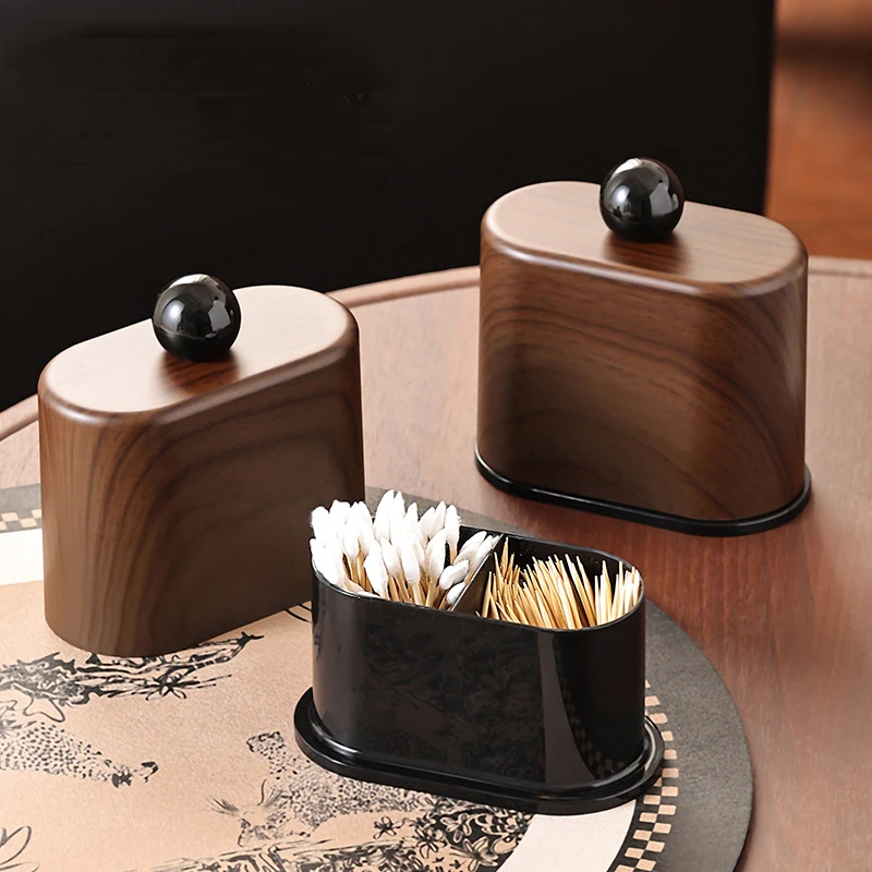 HeMu Dual Compartment Flip Cover Cotton Swab Holder, Wood Grain Dustproof Toothpick Qtip Organizer for Vanity Countertop