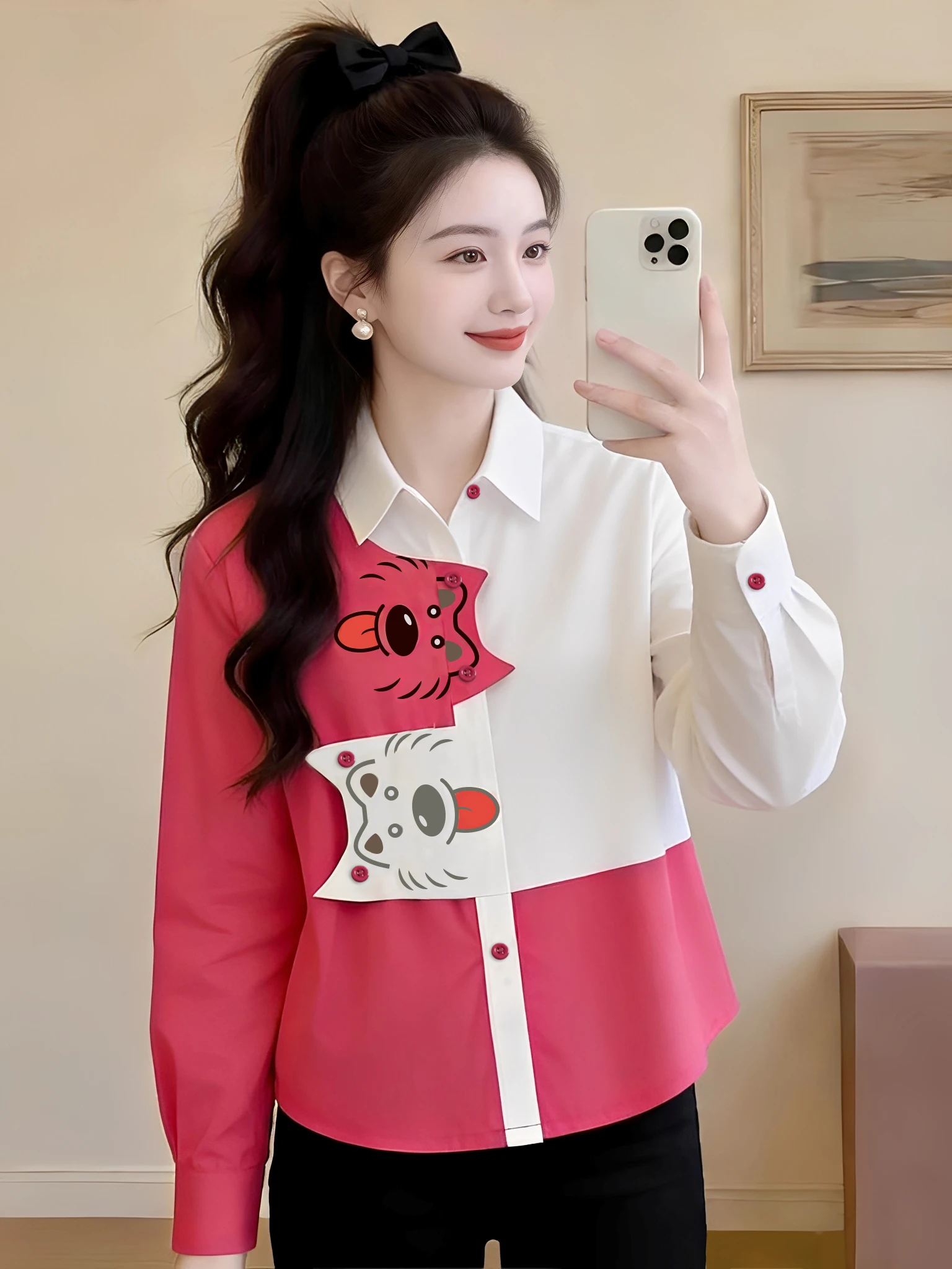 

Fashionable Cartoon Print Shirt Long Sleeve Asymmetrical Ladies Top Korean Style Spring Autumn Popular Casual Breathable