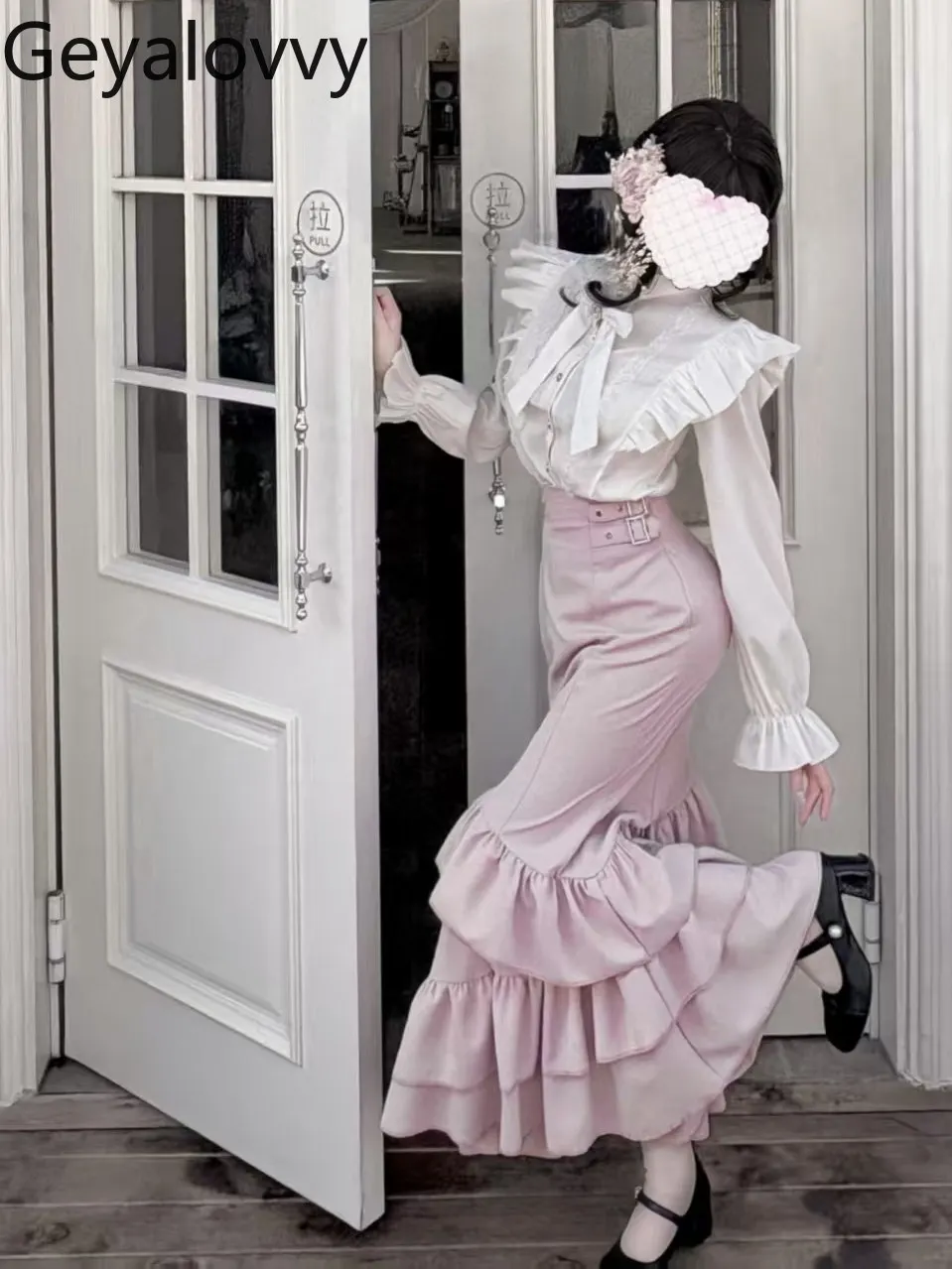 

2026 Spring New Stand Collar Ruffled Long Sleeve Shirt and High Waist Slim Long Mermaid Dress Sweet Versatile Two-Piece Set