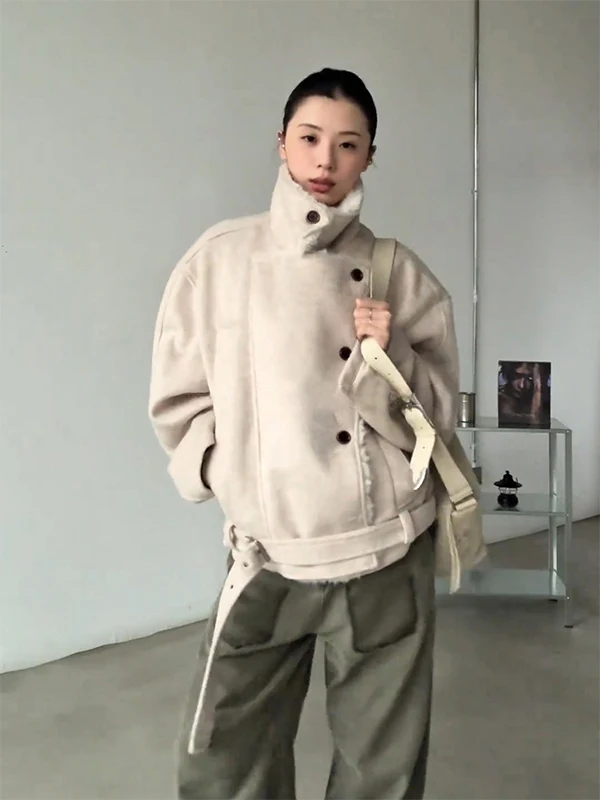 

Thiened Winter Jaet Double Row Button Lamb Wool Cotton Coat for Men And Women with Fce Warm Fur Collar Stand Fit