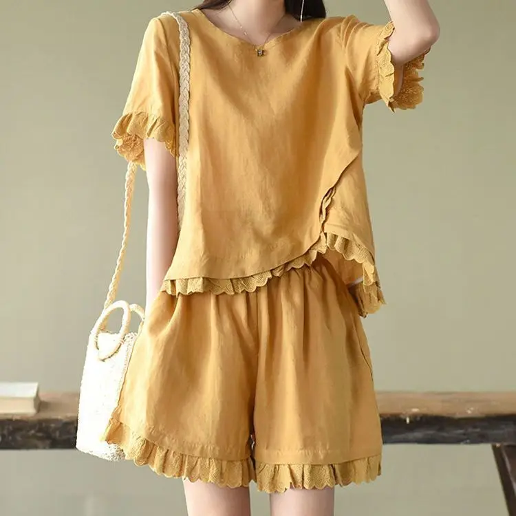 Women Summer Simplicity Loose Hollow Out Cotton and Linen Short Sleeve T-Shirt Ladies Casual Appear Thin High Waist Shorts Suit