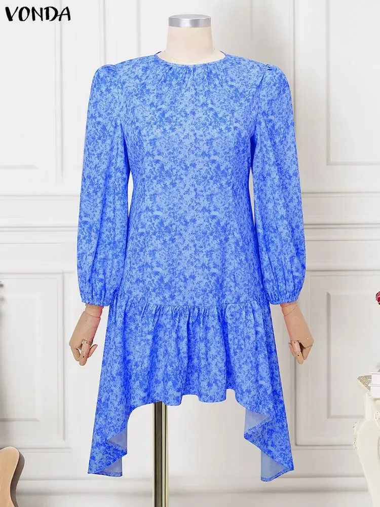 VONDA Sukienka Mini w Stylu Boho z Nadrukiem, Damska, z Długimi Bufiastymi Rękawami, Asymetryczna, Seksowna, Vestidos, Codzienna, Elegancka, na Imprezę, Letnia Sukienka, Szlafrok