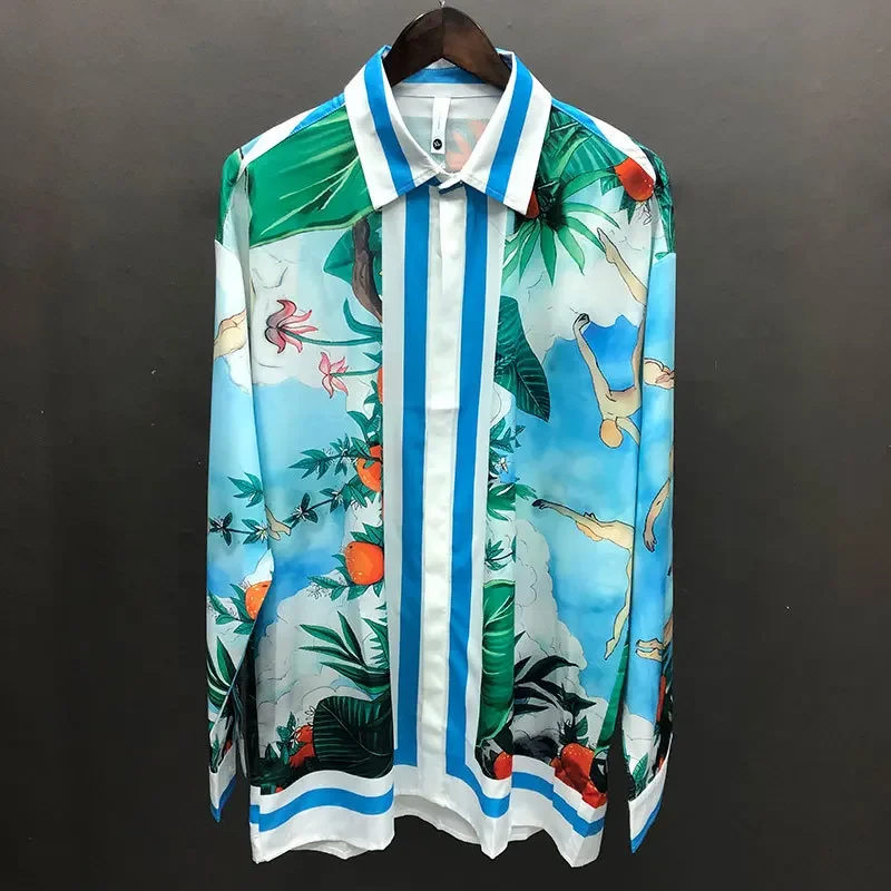 

Long Sleeves Men Tops Fall Hawaiian Beach Shirts Streetwear Character Print Shirt Streetwear Hip Hop Camisa Floral Masculina