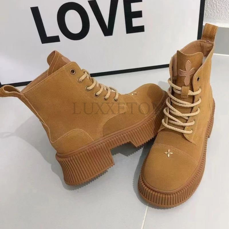 Ginger Thick Retro Anckle Boots Genuine Leather Punk Lace-up Fashion Neutral Street Big Round Toe Women Shoes Hight  Increasing