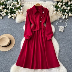 French Vintage Two Pieces Sets Long Sleeve Lapel Button Sweater Vest with A-line Chic Women Autumn Knit Dresses