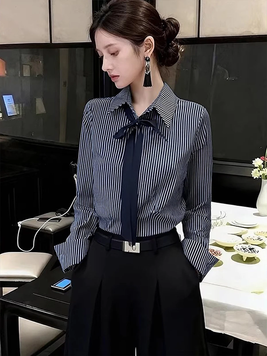 

Женская рубашка в американском студенческом стиле с длинным рукавом, приталенная, в полоску, весна 2026, новая модная повседневная деловая одежда
