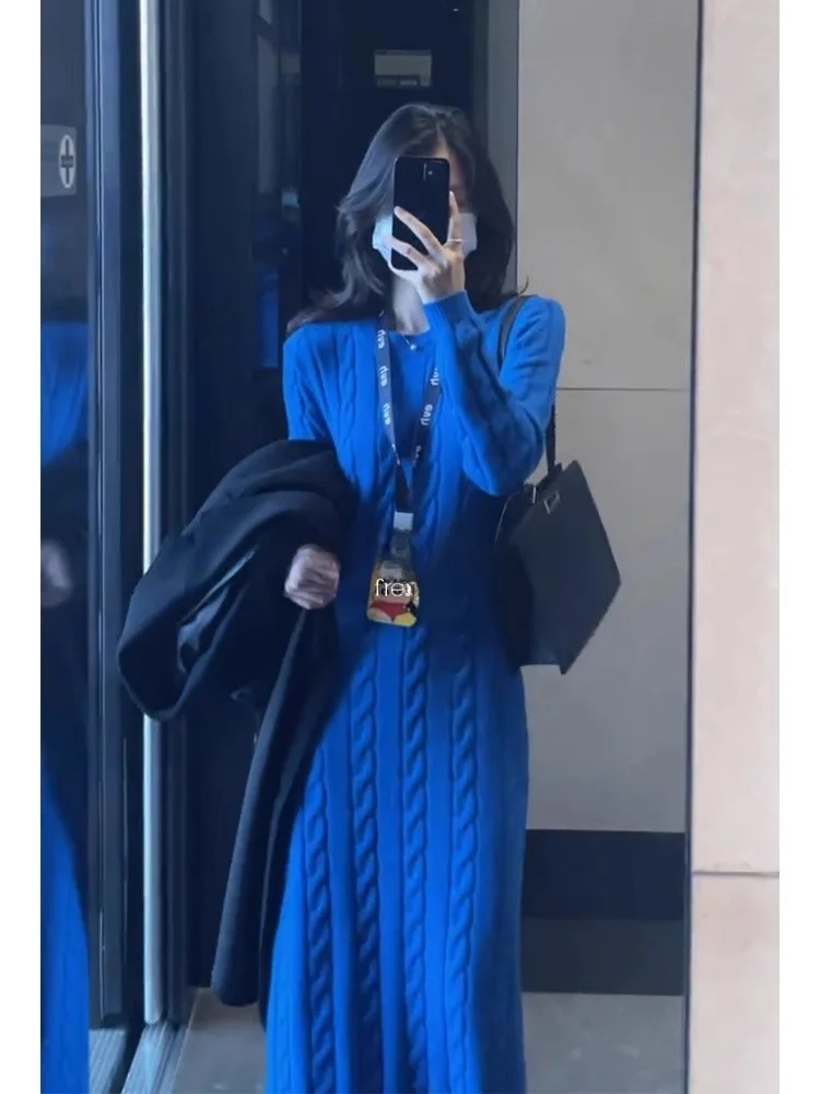 

Slimming Effect Knitted Long Sleeve Dress Women's Elegant Base High-End Sweater Dress Long Dress French Style A-Line Skirt